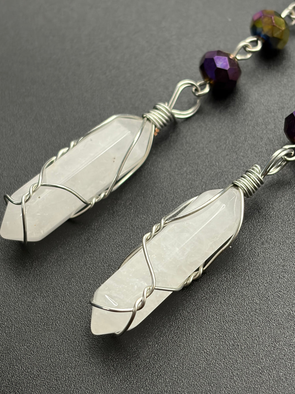 Aura Bead Earrings with Wire Wrapped Quartz Points
