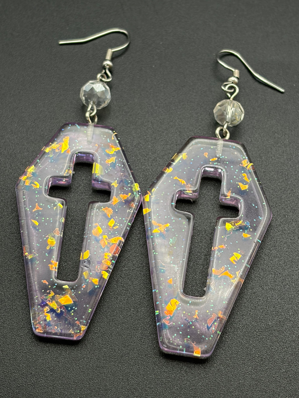 Beaded Purple Fire Glitter Coffin Earrings