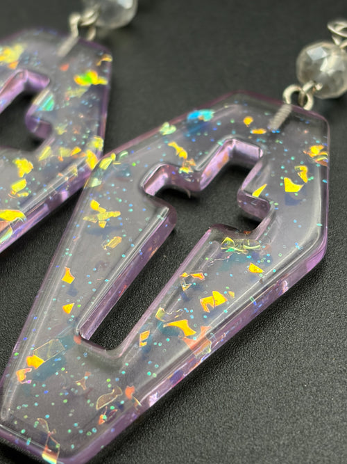 Beaded Purple Fire Glitter Coffin Earrings