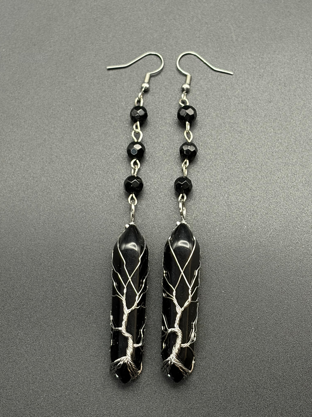 Black Rhombus Rosary Bead Earrings with Tree Wrapped Onyx Points