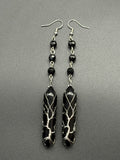 Black Rhombus Rosary Bead Earrings with Tree Wrapped Onyx Points