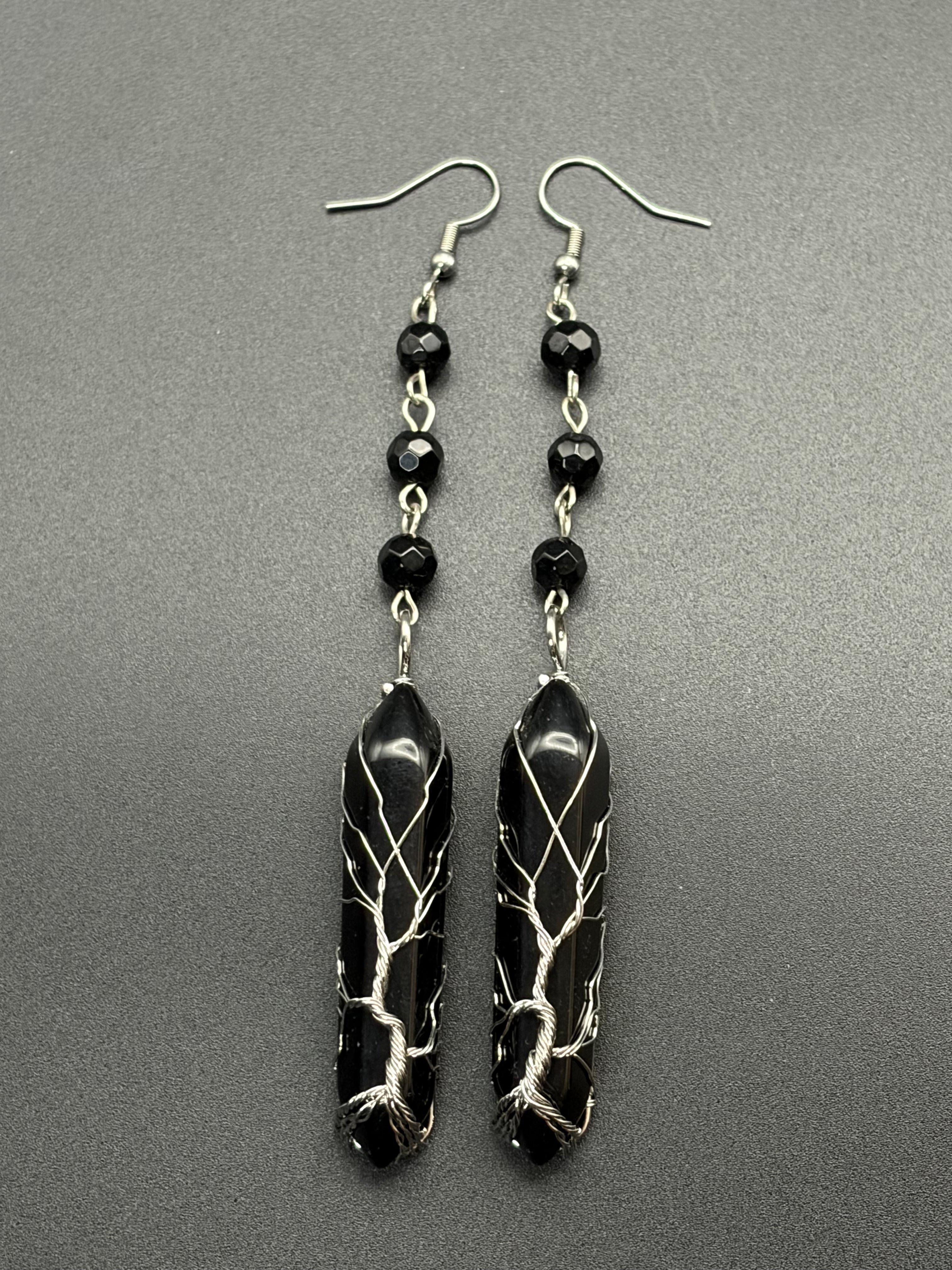 Black Rhombus Rosary Bead Earrings with Tree Wrapped Onyx Points