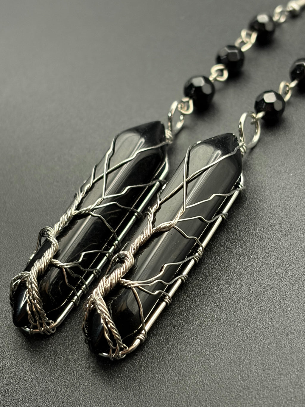 Black Rhombus Rosary Bead Earrings with Tree Wrapped Onyx Points