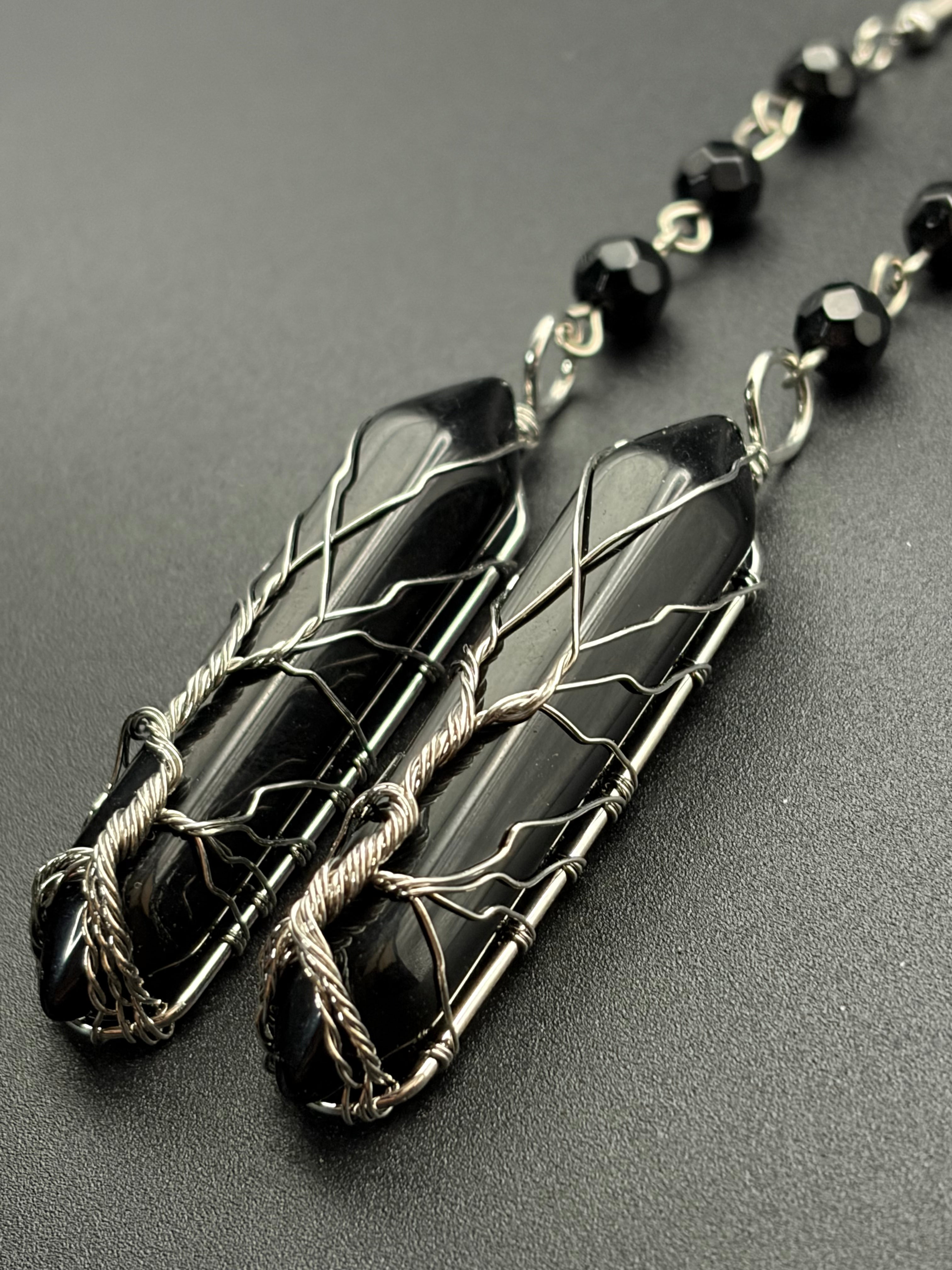 Black Rhombus Rosary Bead Earrings with Tree Wrapped Onyx Points