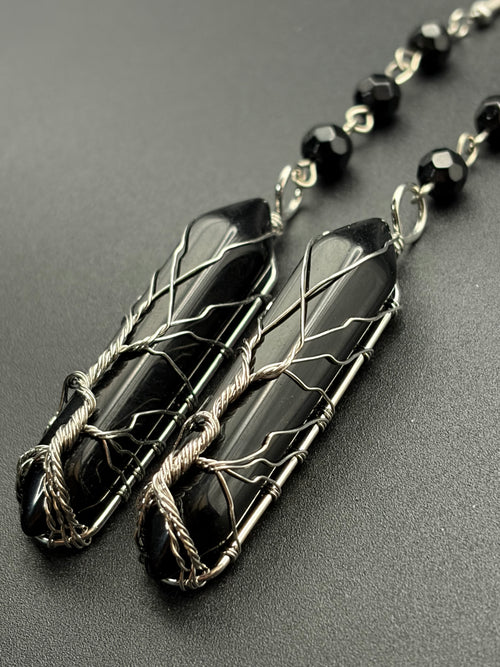 Black Rhombus Rosary Bead Earrings with Tree Wrapped Onyx Points