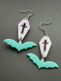 Coffin & Bat Earrings (Pink / Teal)