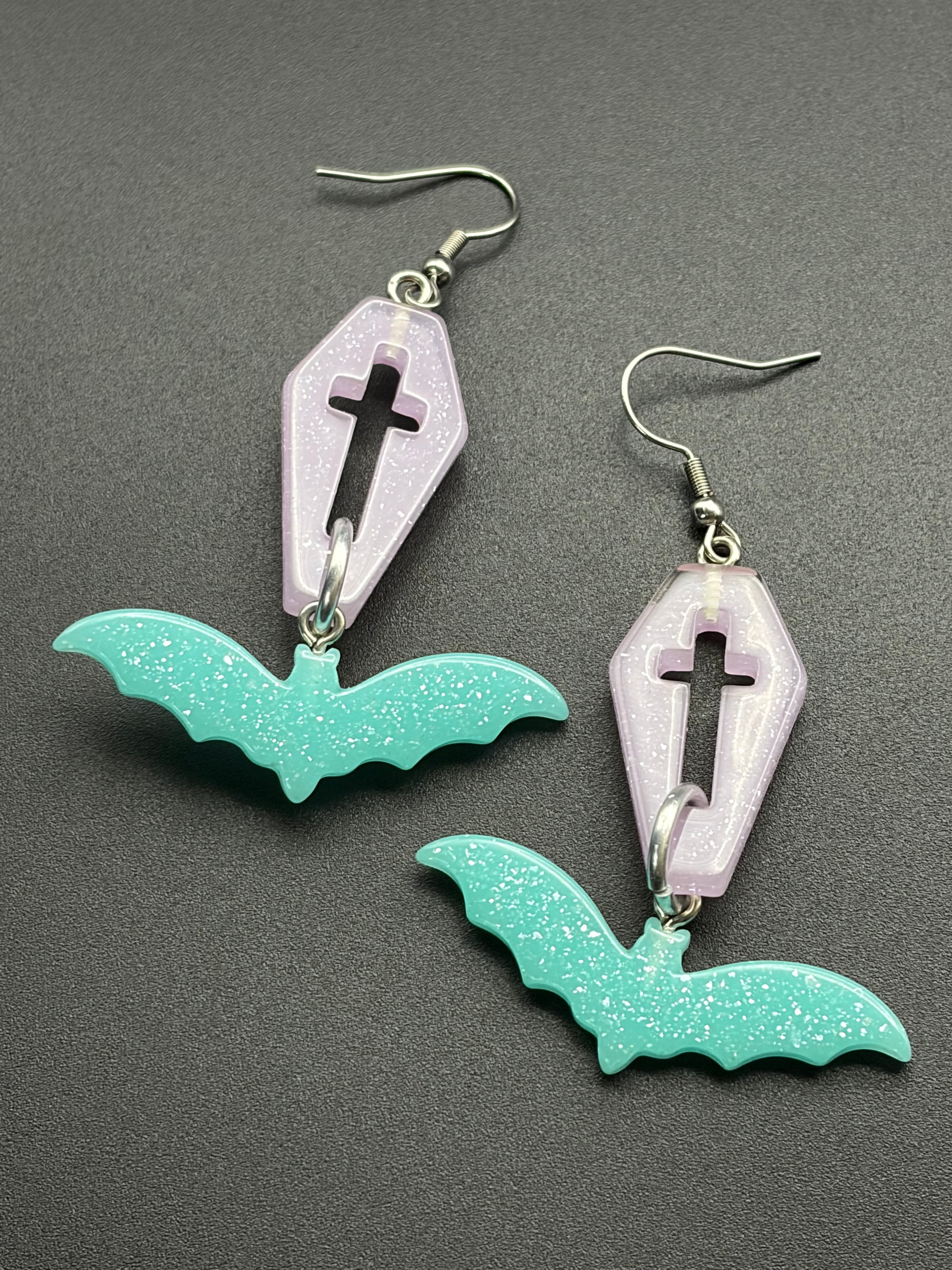 Coffin & Bat Earrings (Pink / Teal)