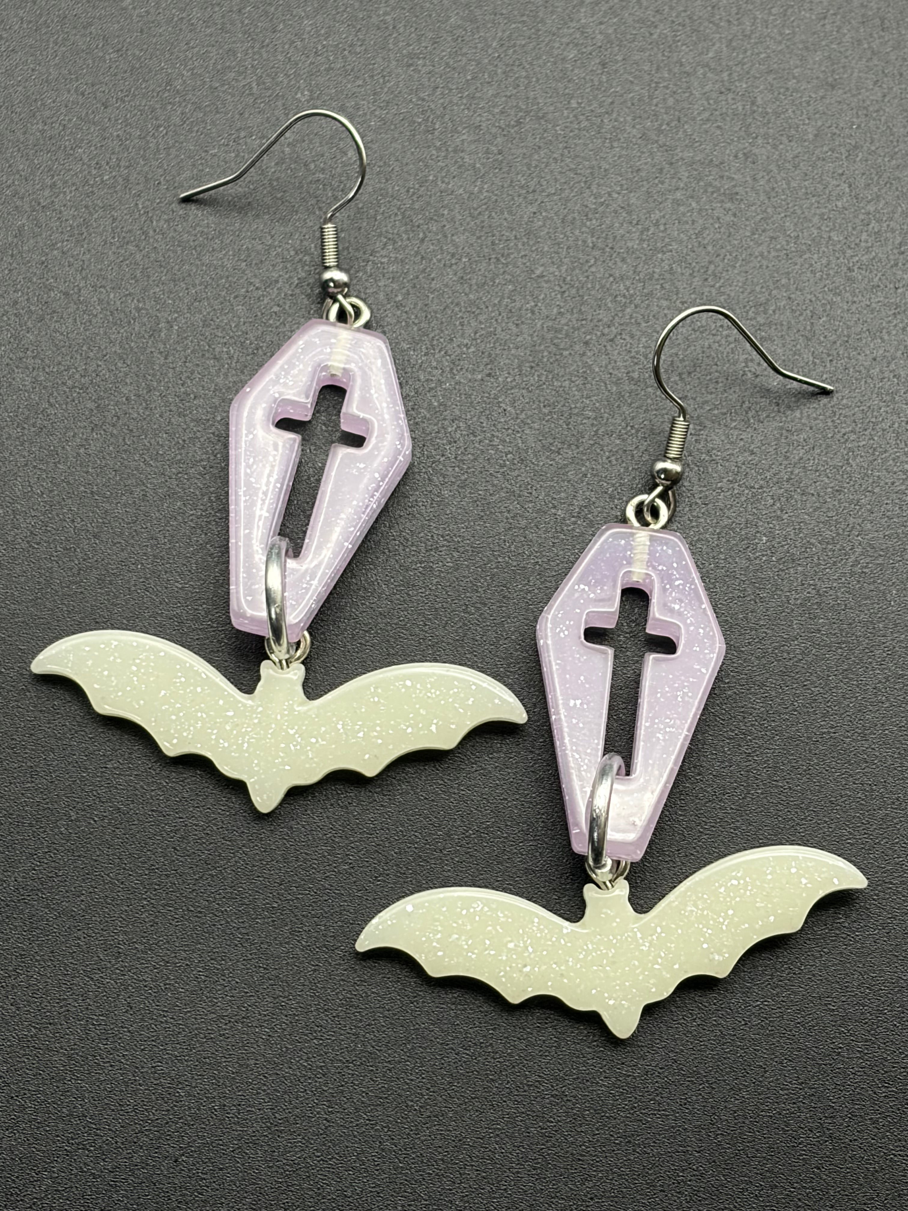 Coffin & Bat Earrings (Pink / White)