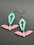 Coffin & Bat Earrings (Teal / Pink)