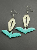 Coffin & Bat Earrings (White /Teal)