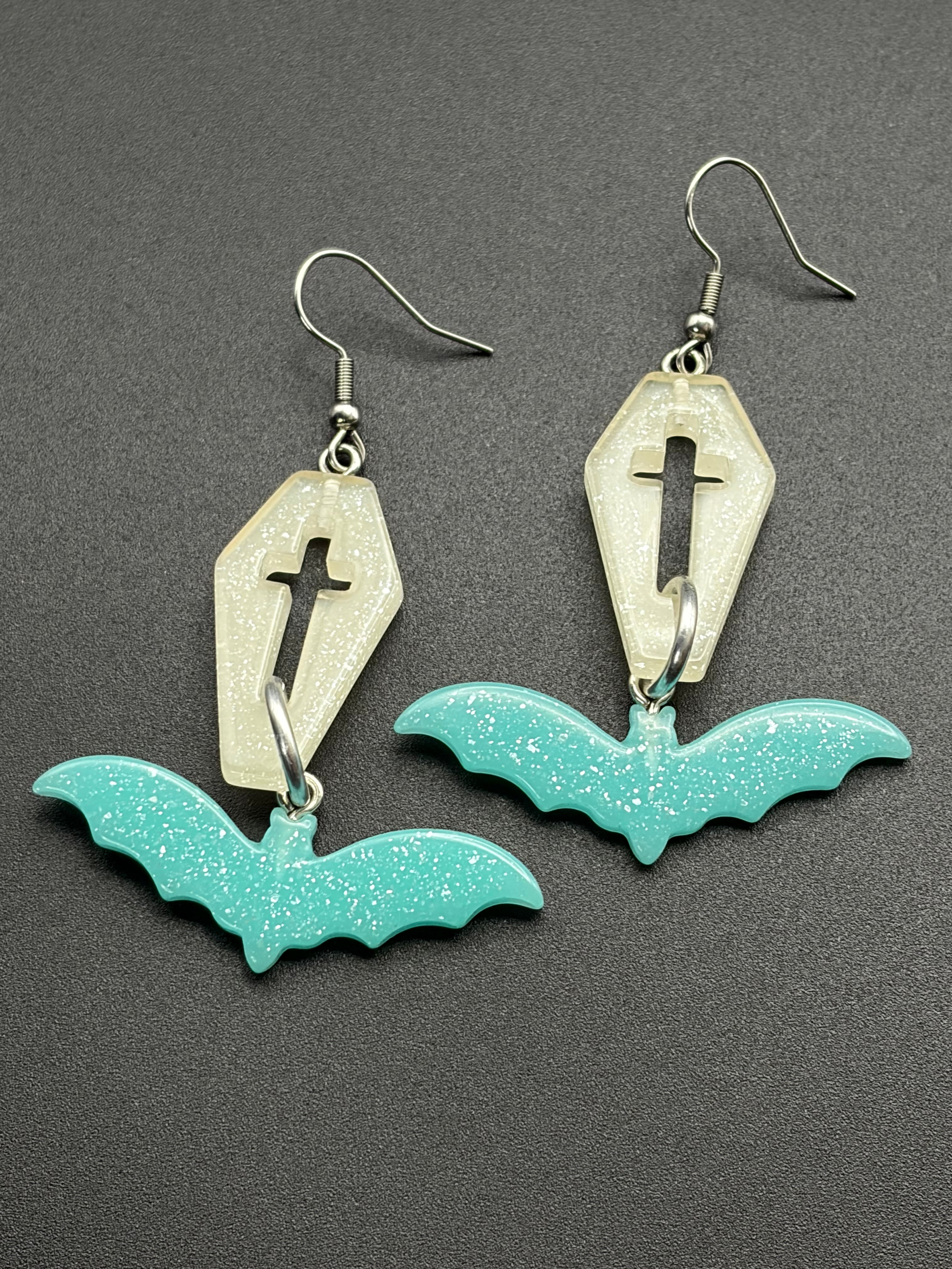 Coffin & Bat Earrings (White /Teal)