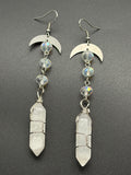 Crescent Beaded Earrings with Wire Wrapped Quartz Points