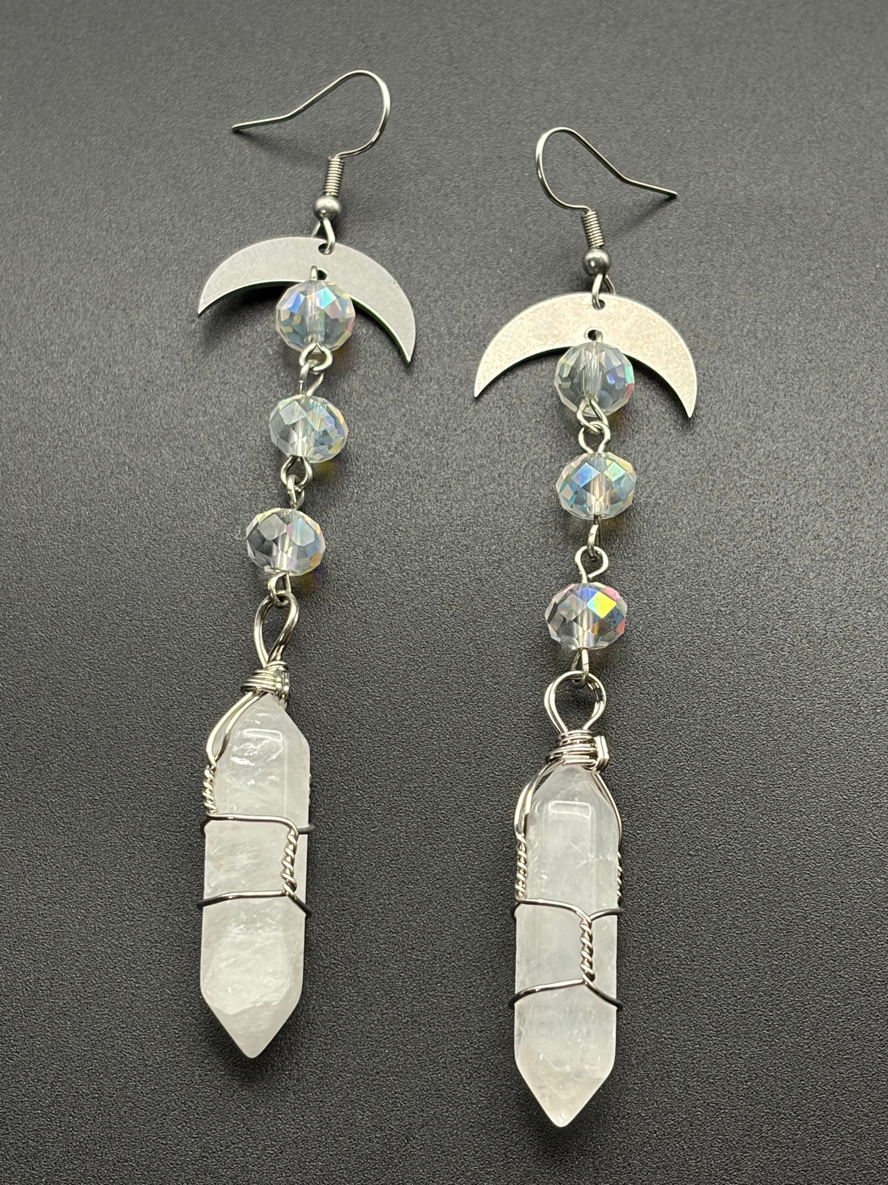 Crescent Beaded Earrings with Wire Wrapped Quartz Points
