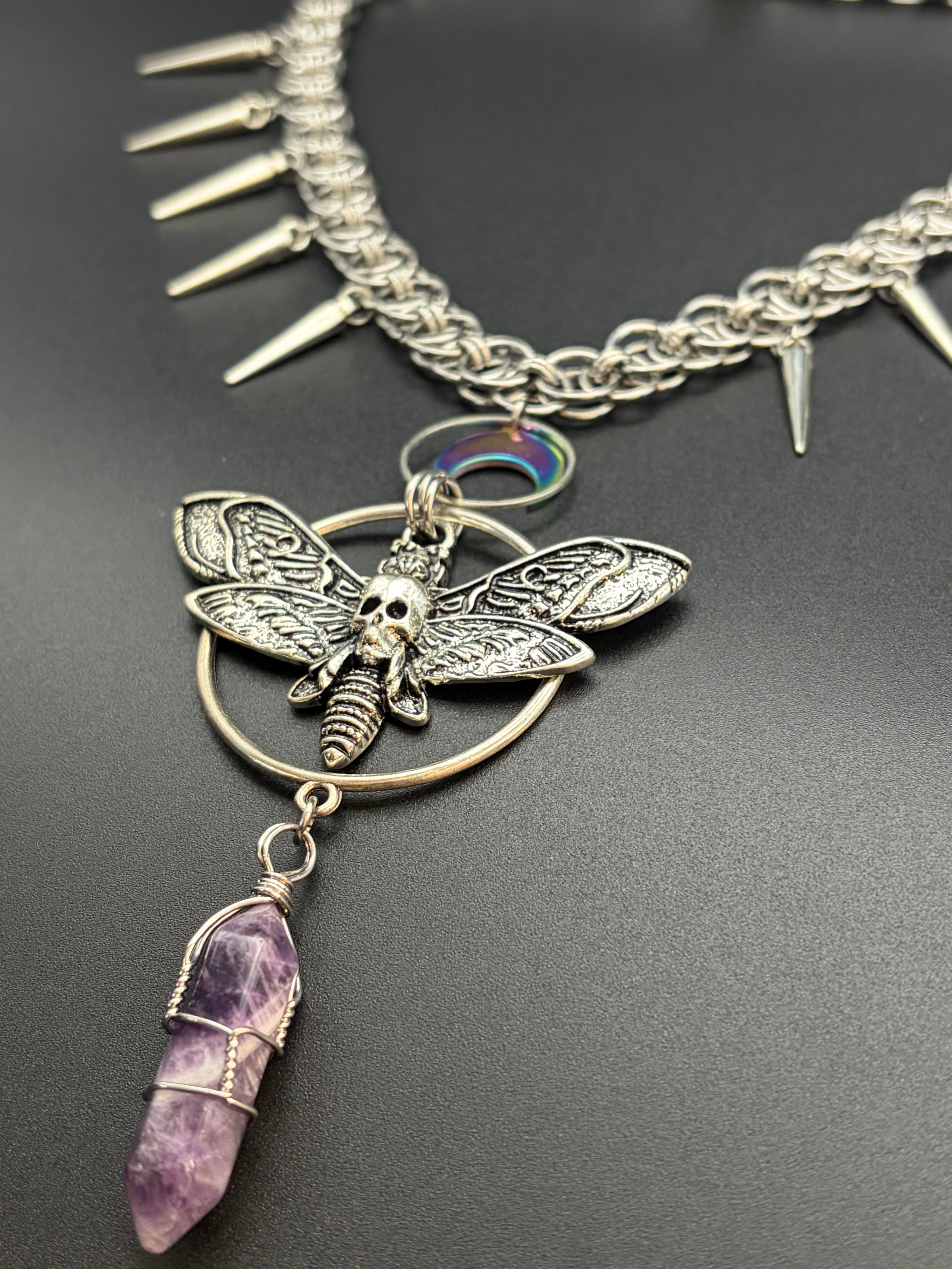 Death Head Moth Chainmail Necklace with Amethyst Point