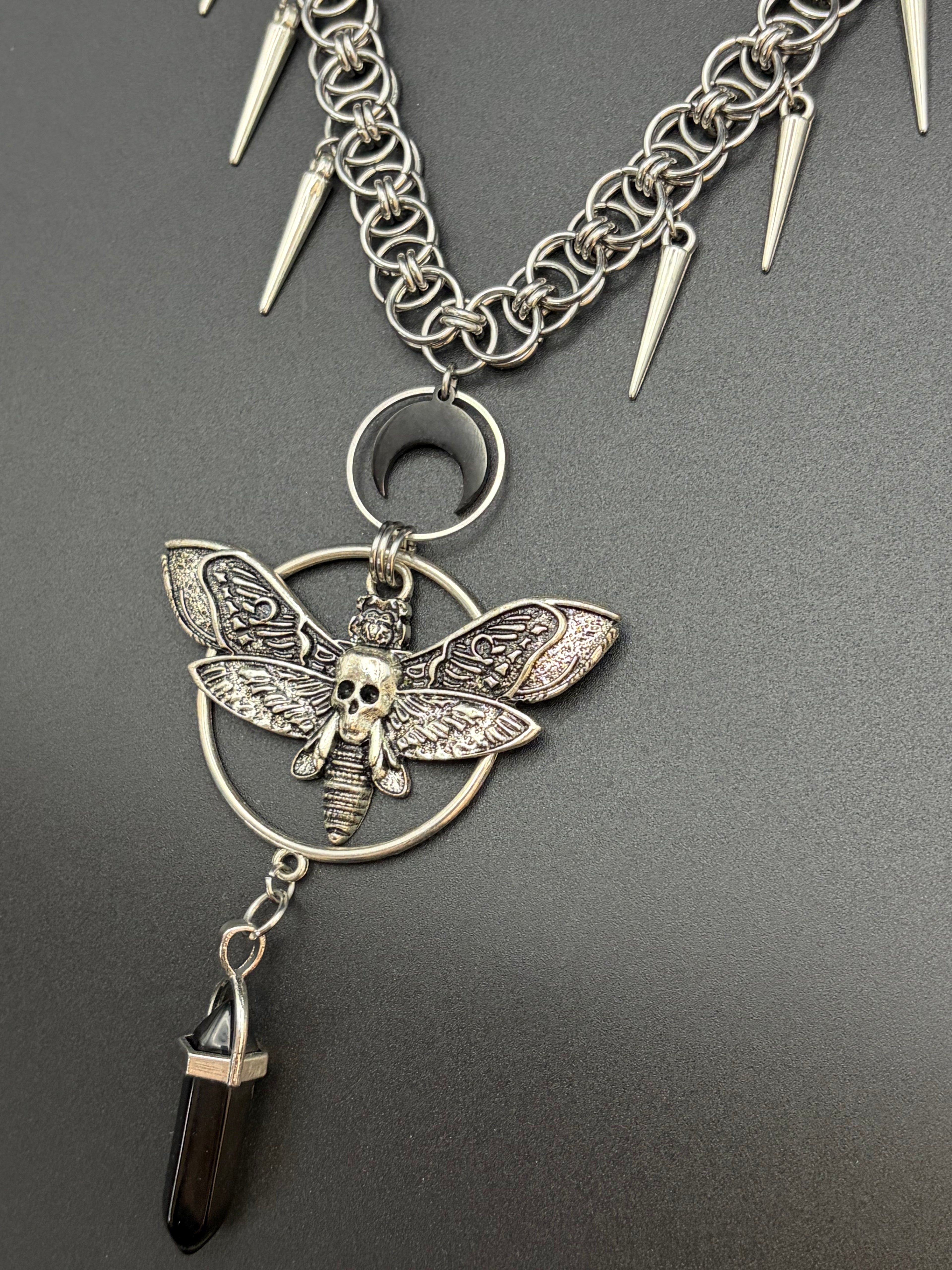 Death Head Moth Chainmail Necklace with Onyx Point