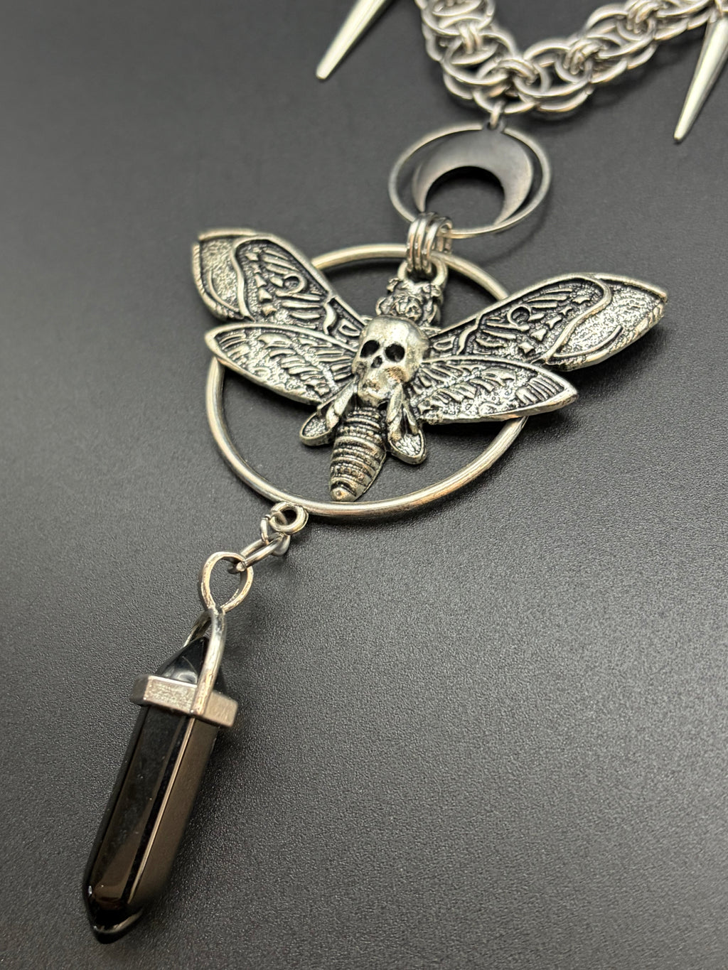 Death Head Moth Chainmail Necklace with Onyx Point
