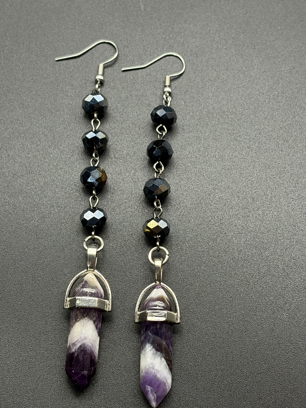 Dull Aura Bead Earrings with Chevron Amethyst Points