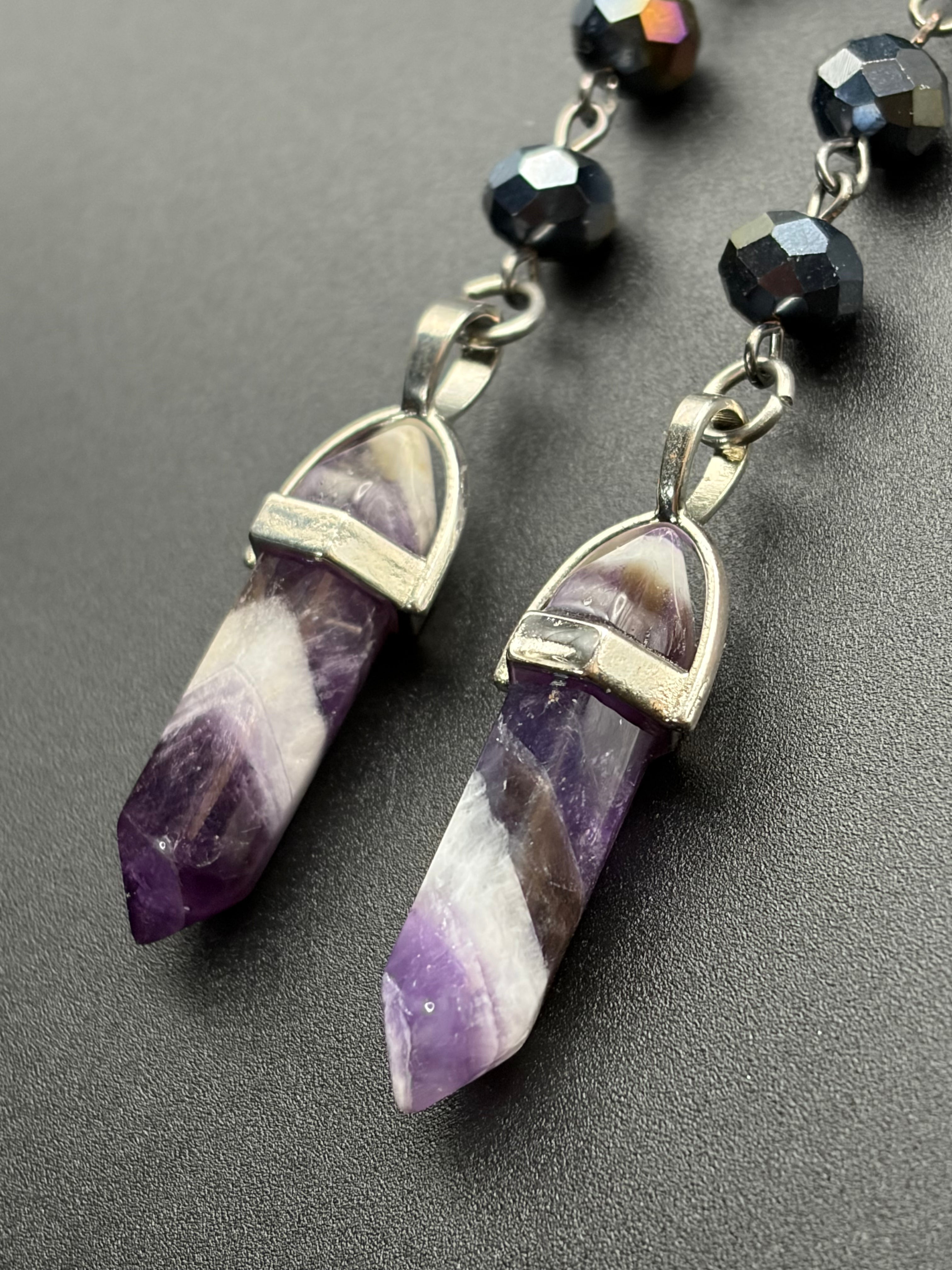 Dull Aura Bead Earrings with Chevron Amethyst Points