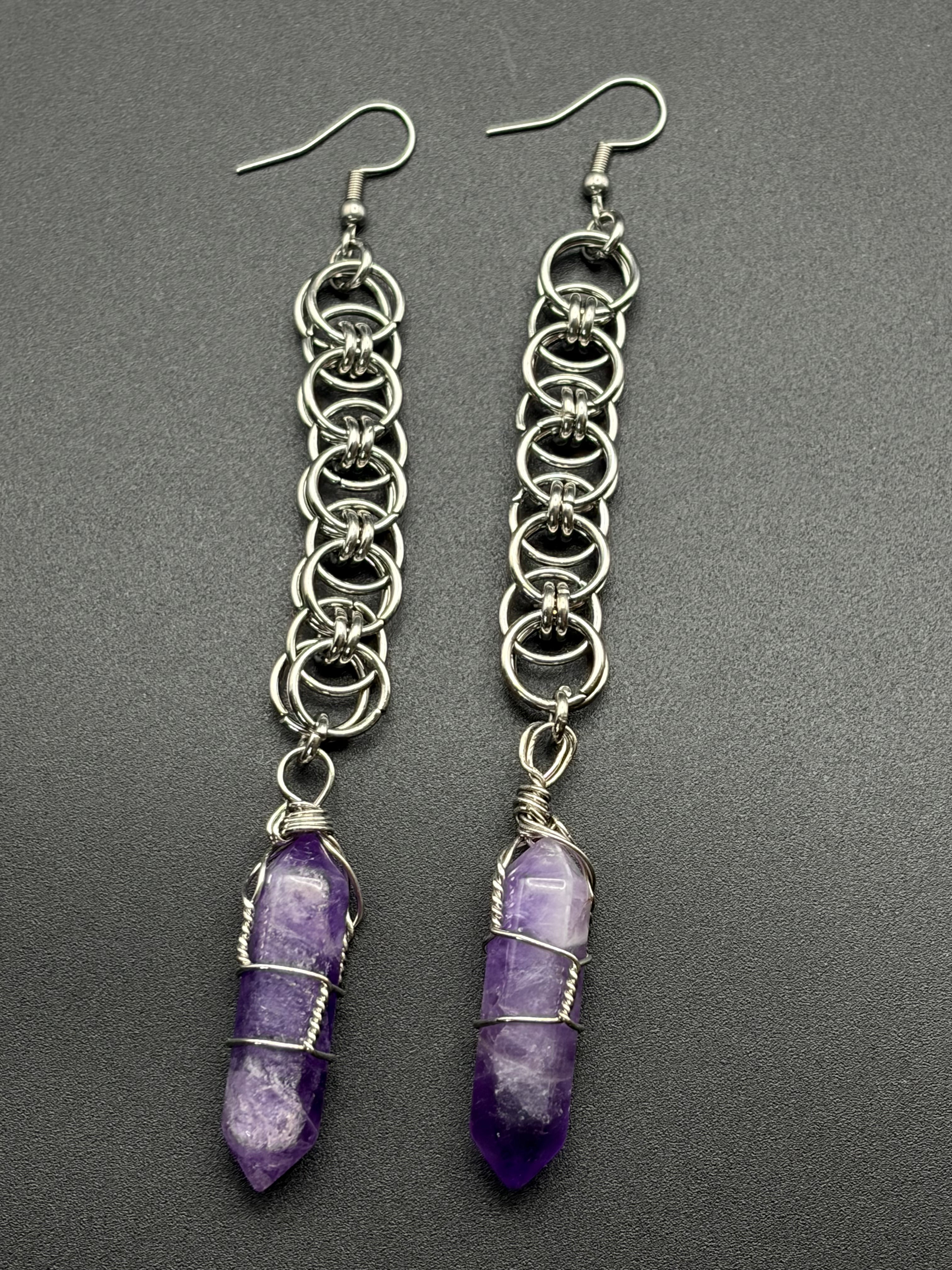 Helm Chain Earrings with Wire Wrapped Amethyst Points