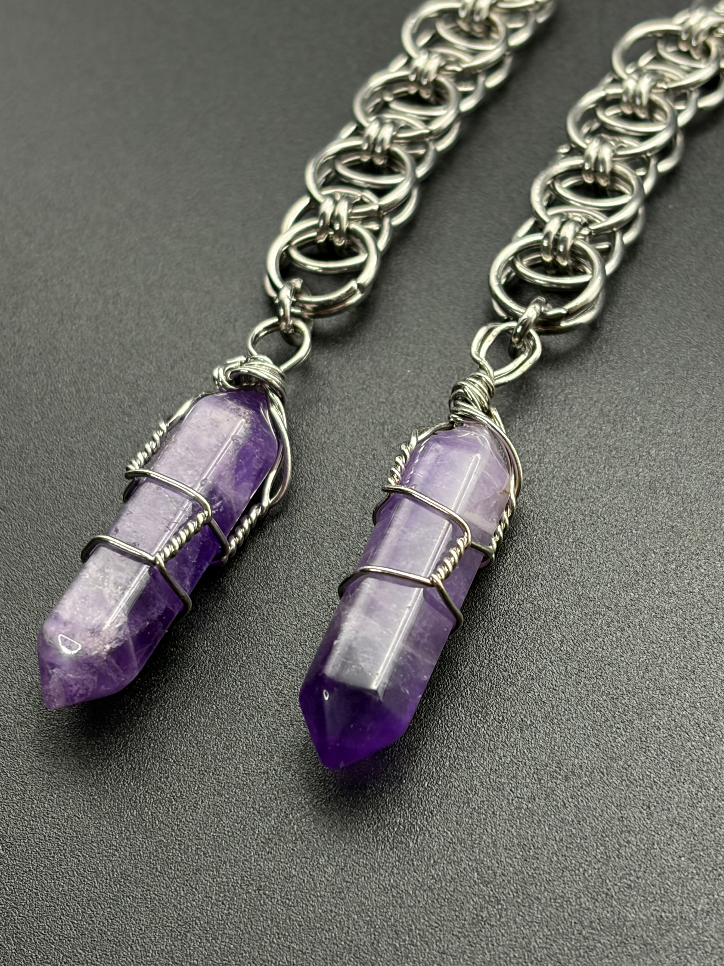 Helm Chain Earrings with Wire Wrapped Amethyst Points