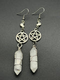 Moon Pentagram Earrings with Milky Quartz Points