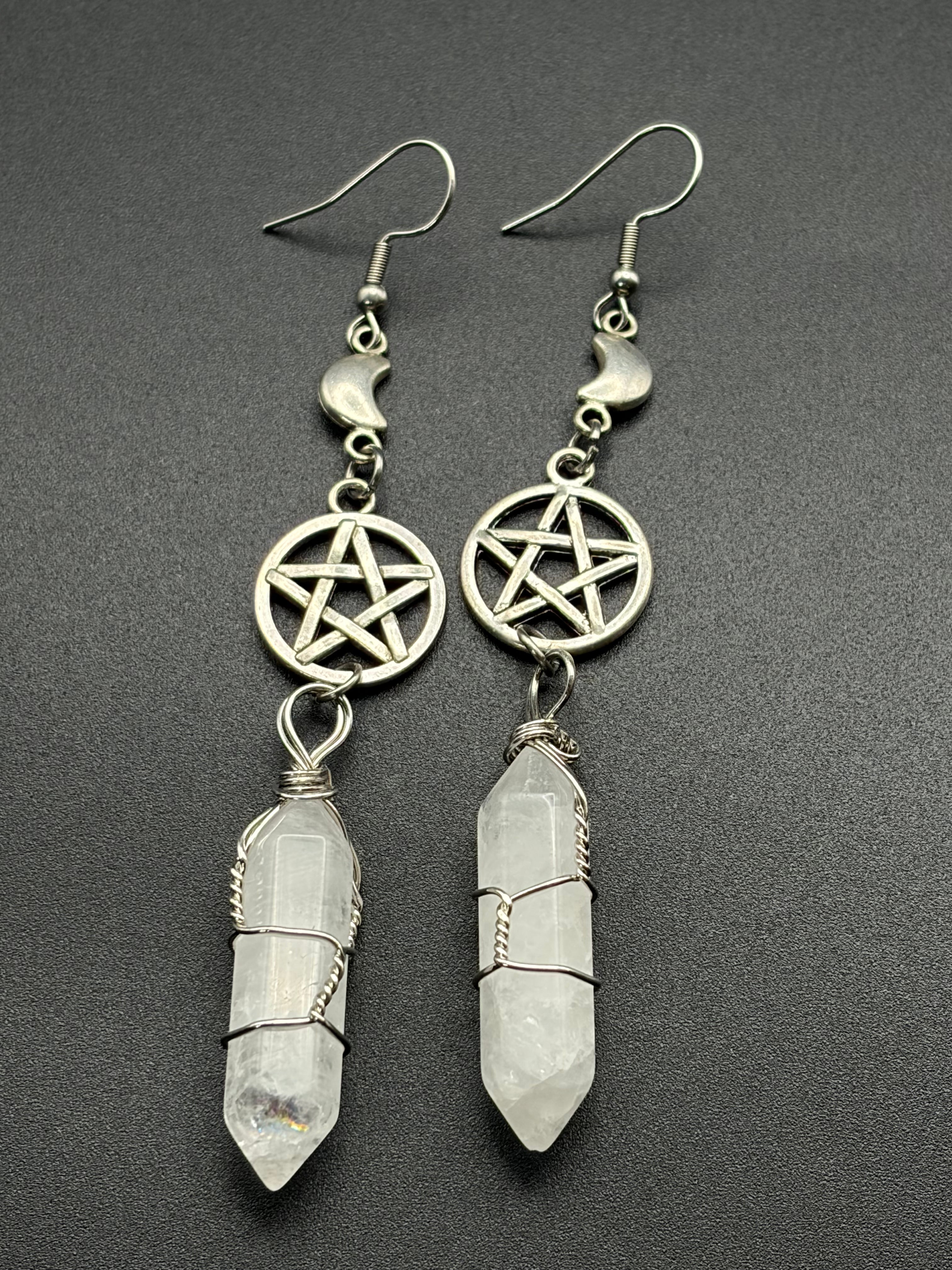 Moon Pentagram Earrings with Milky Quartz Points
