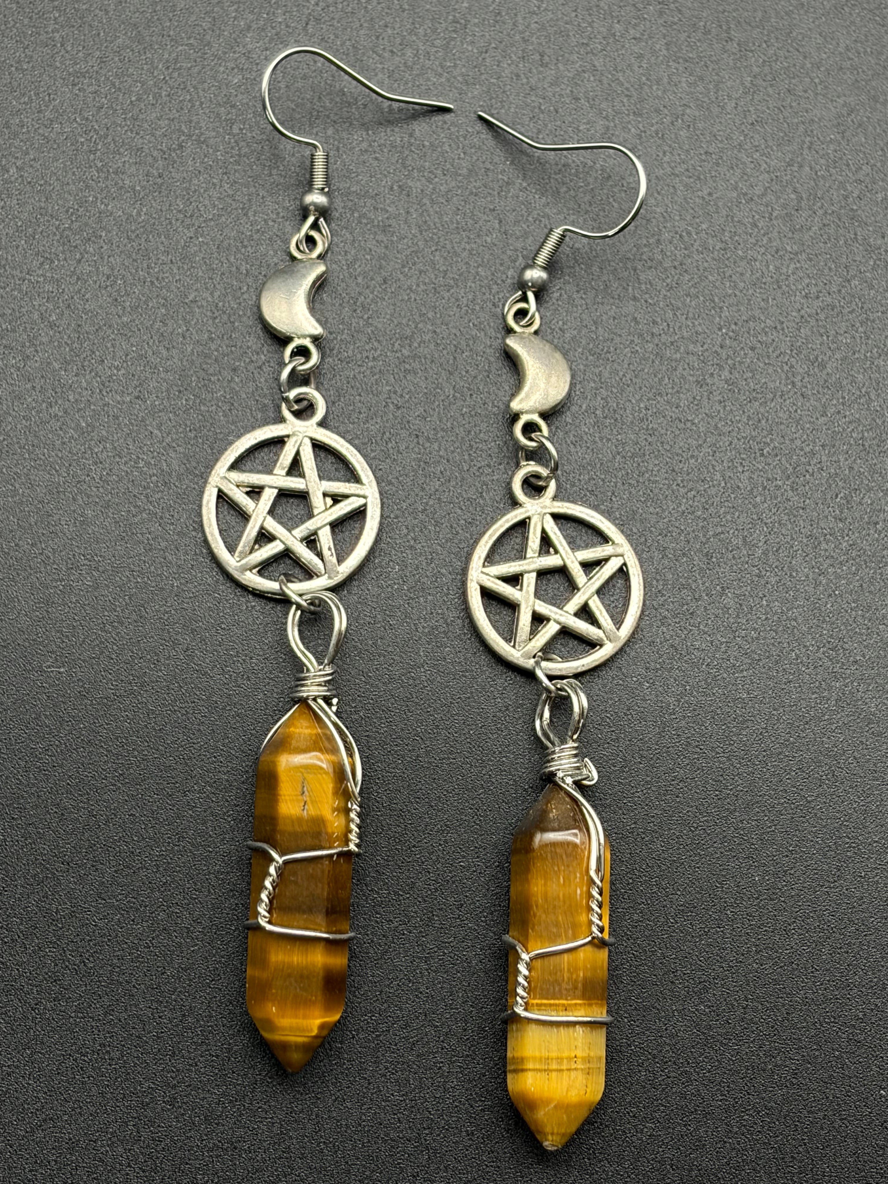 Moon Pentagram Earrings with Wire Wrapped Tiger Eye Points