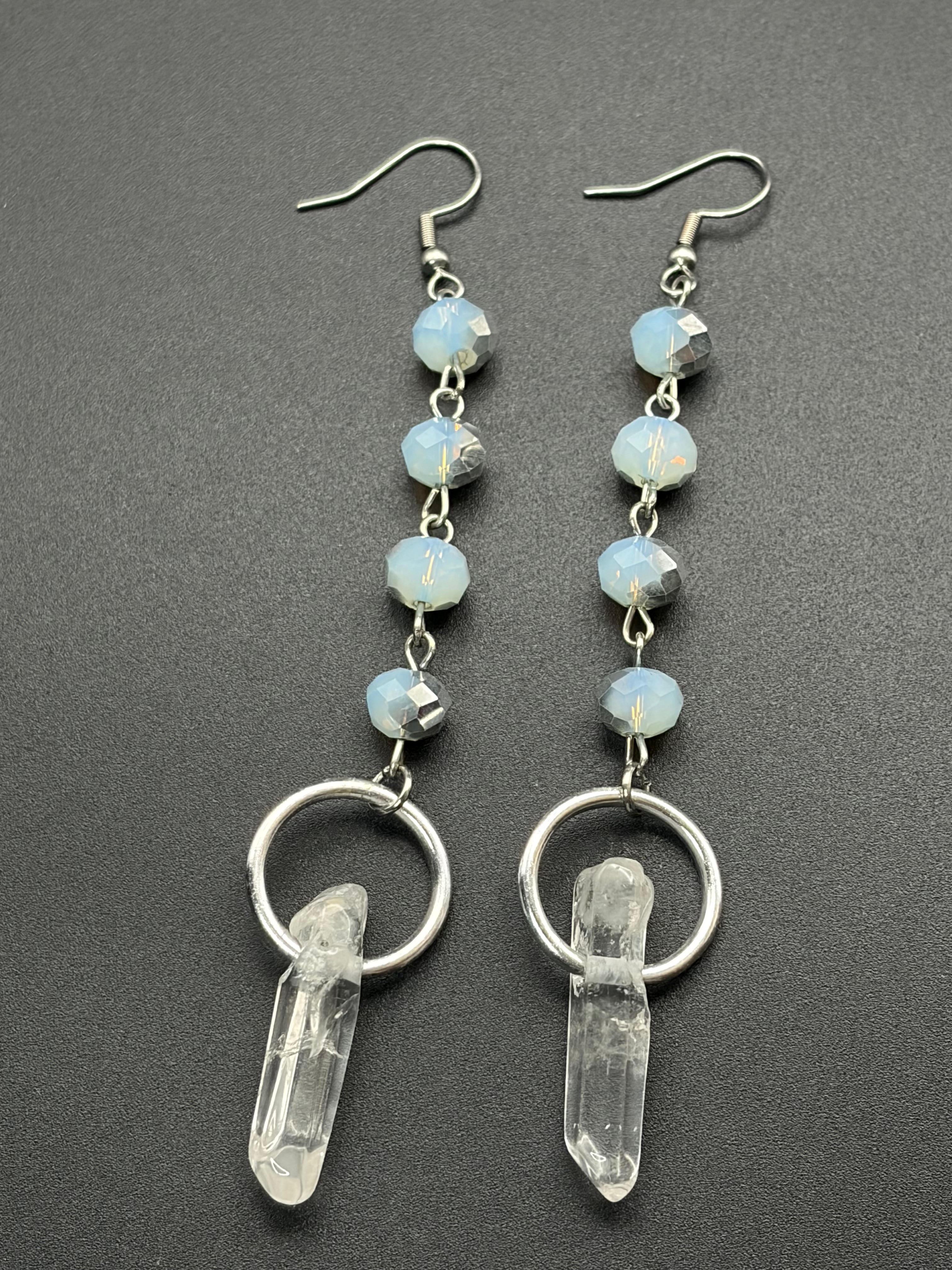 Moonstone Bead Earrings with Quartz Points