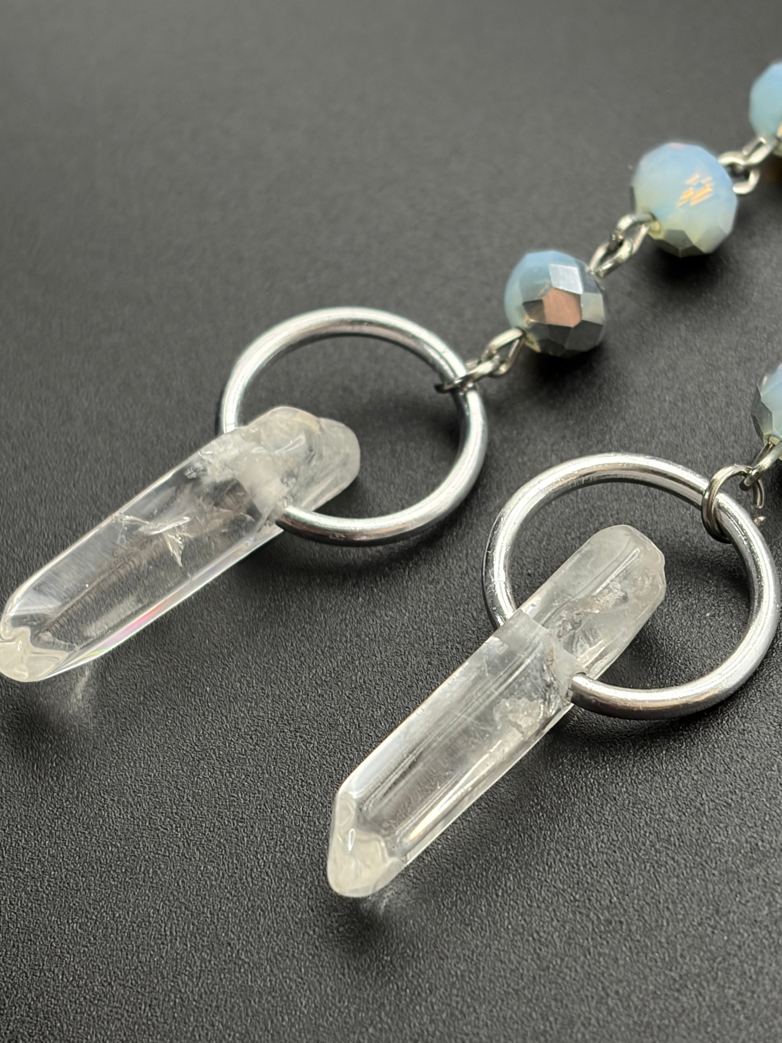 Moonstone Bead Earrings with Quartz Points