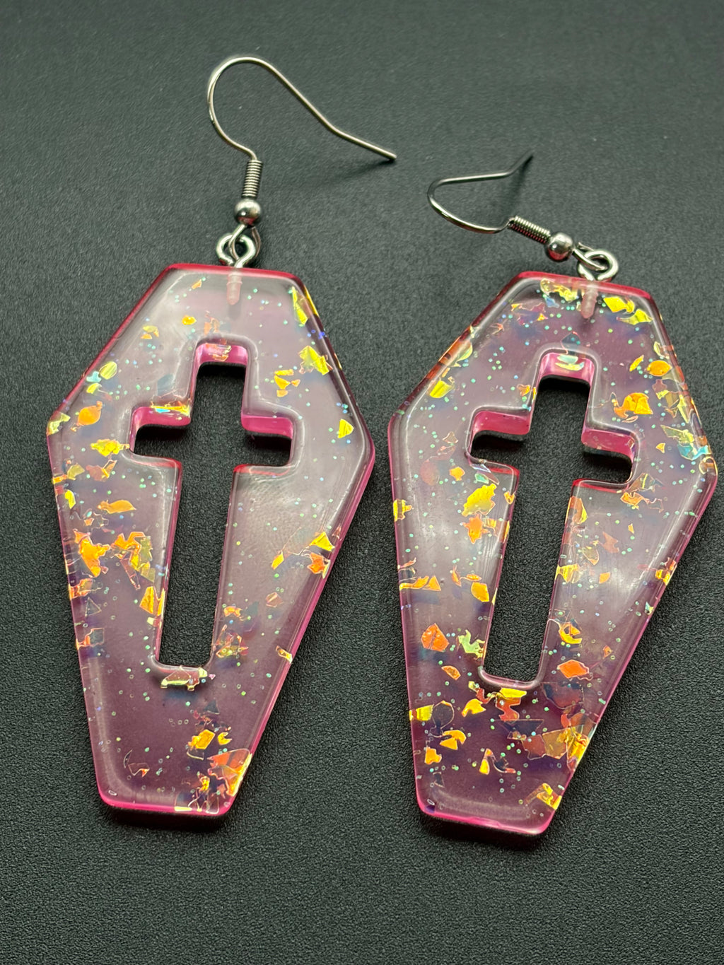 Pink Fire Glitter Coffin Earrings