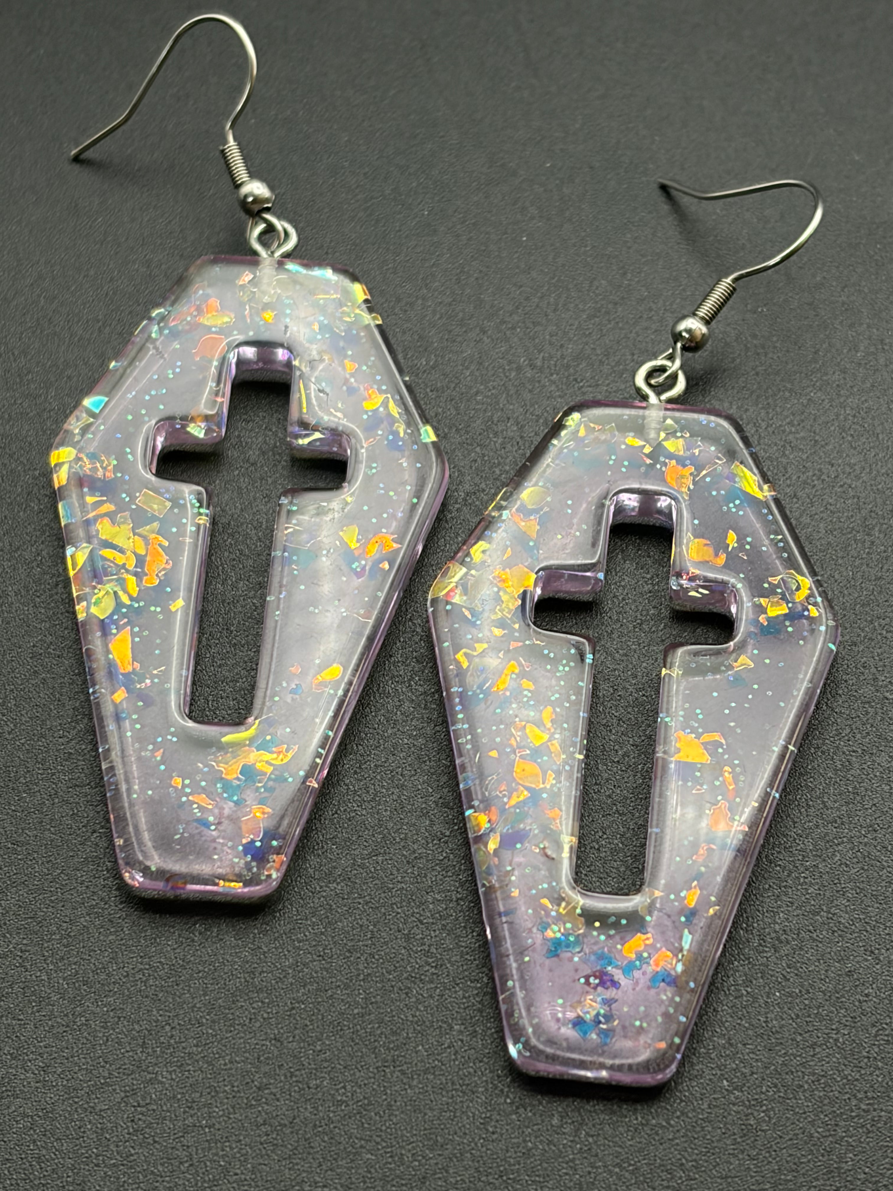 Purple Fire Glitter Coffin Earrings