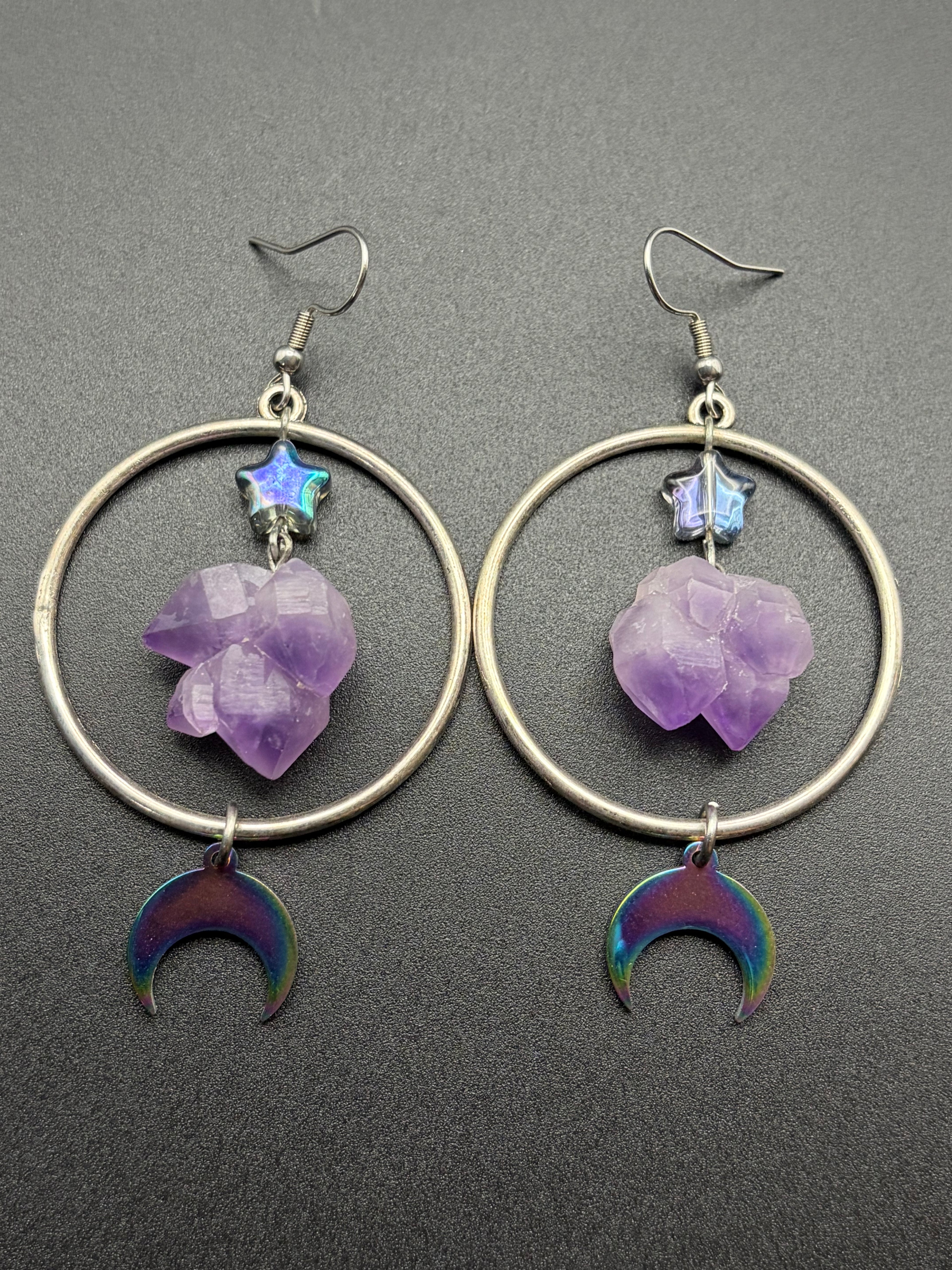 Star Raw Amethyst With Aura Crescents Earrings