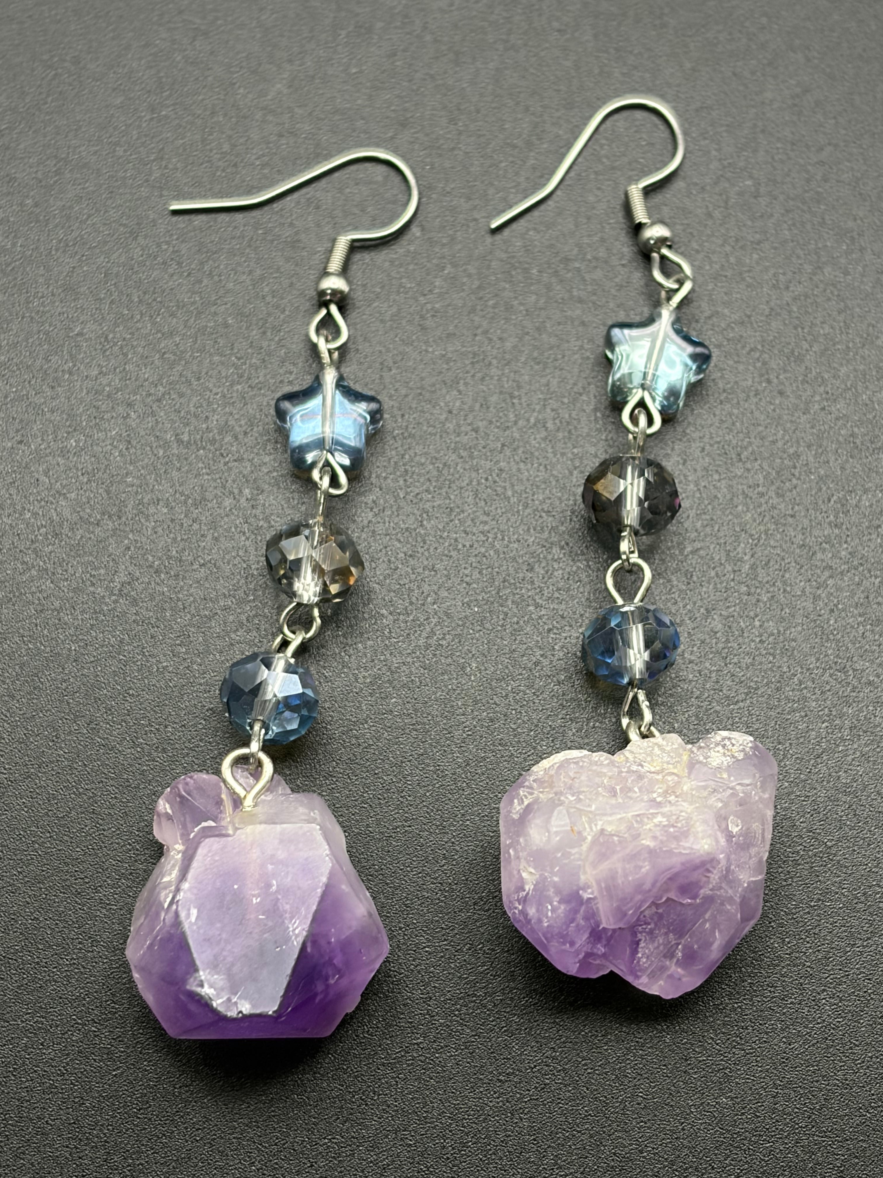 Star Bead Raw Amethyst Earrings