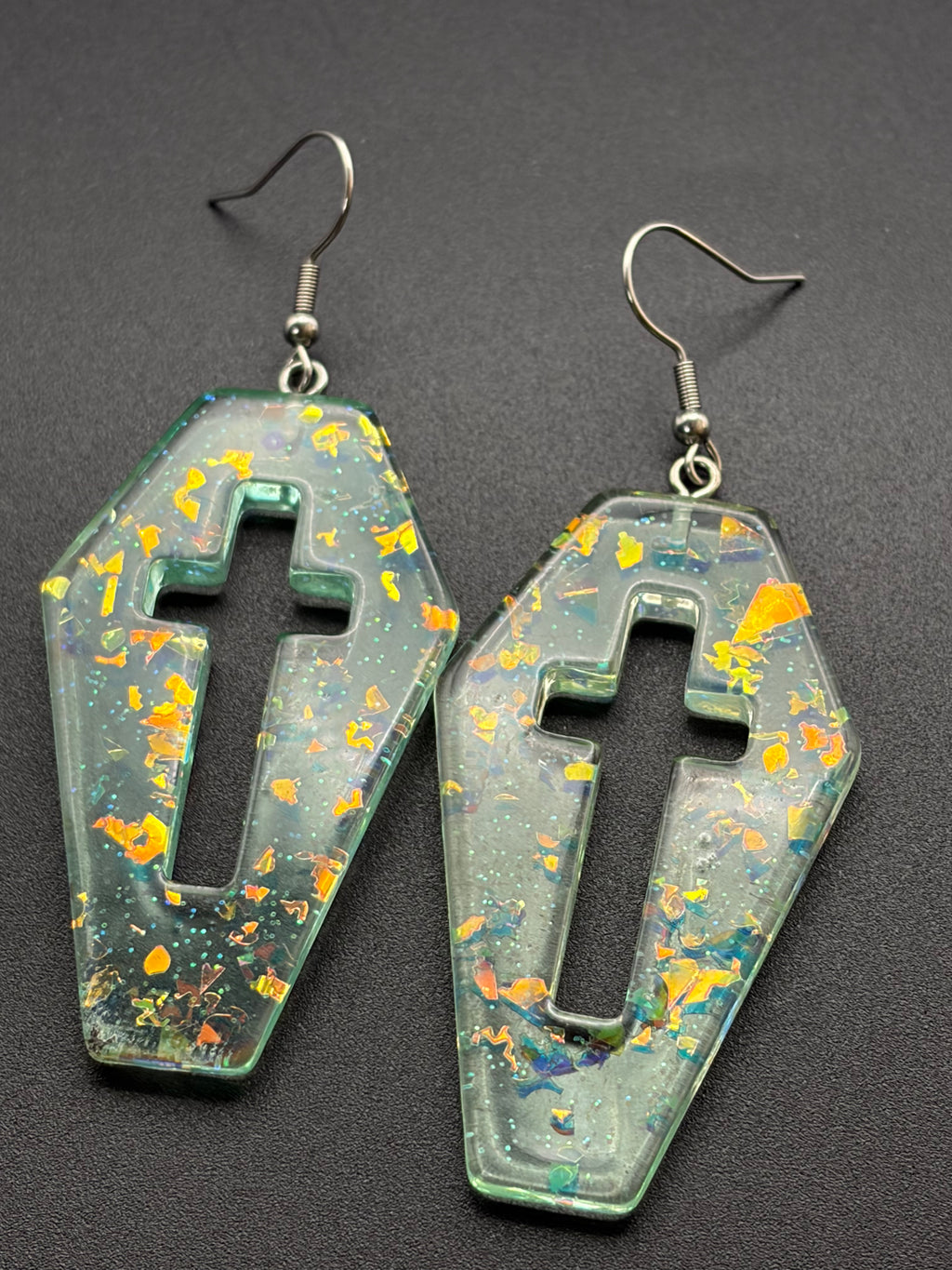 Teal Fire Glitter Coffin Earrings