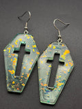 Teal Fire Glitter Coffin Earrings