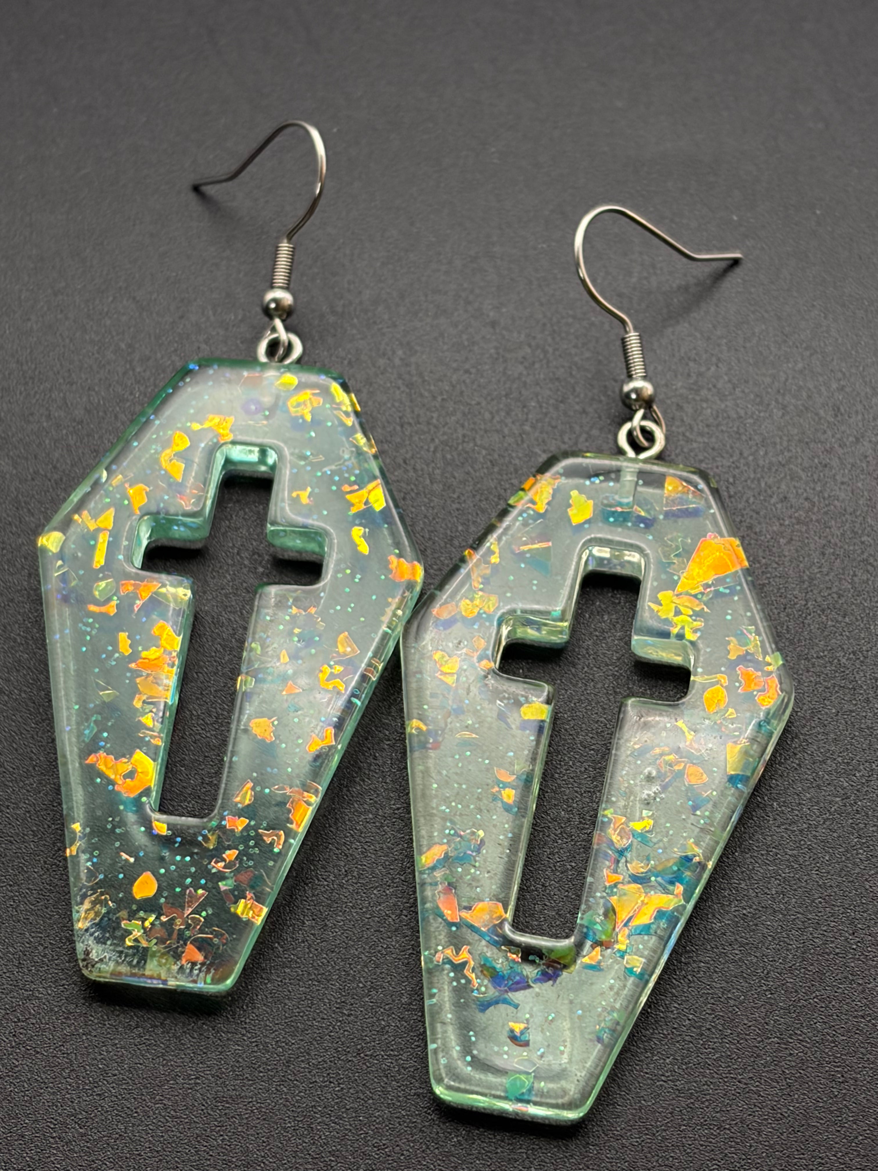 Teal Fire Glitter Coffin Earrings