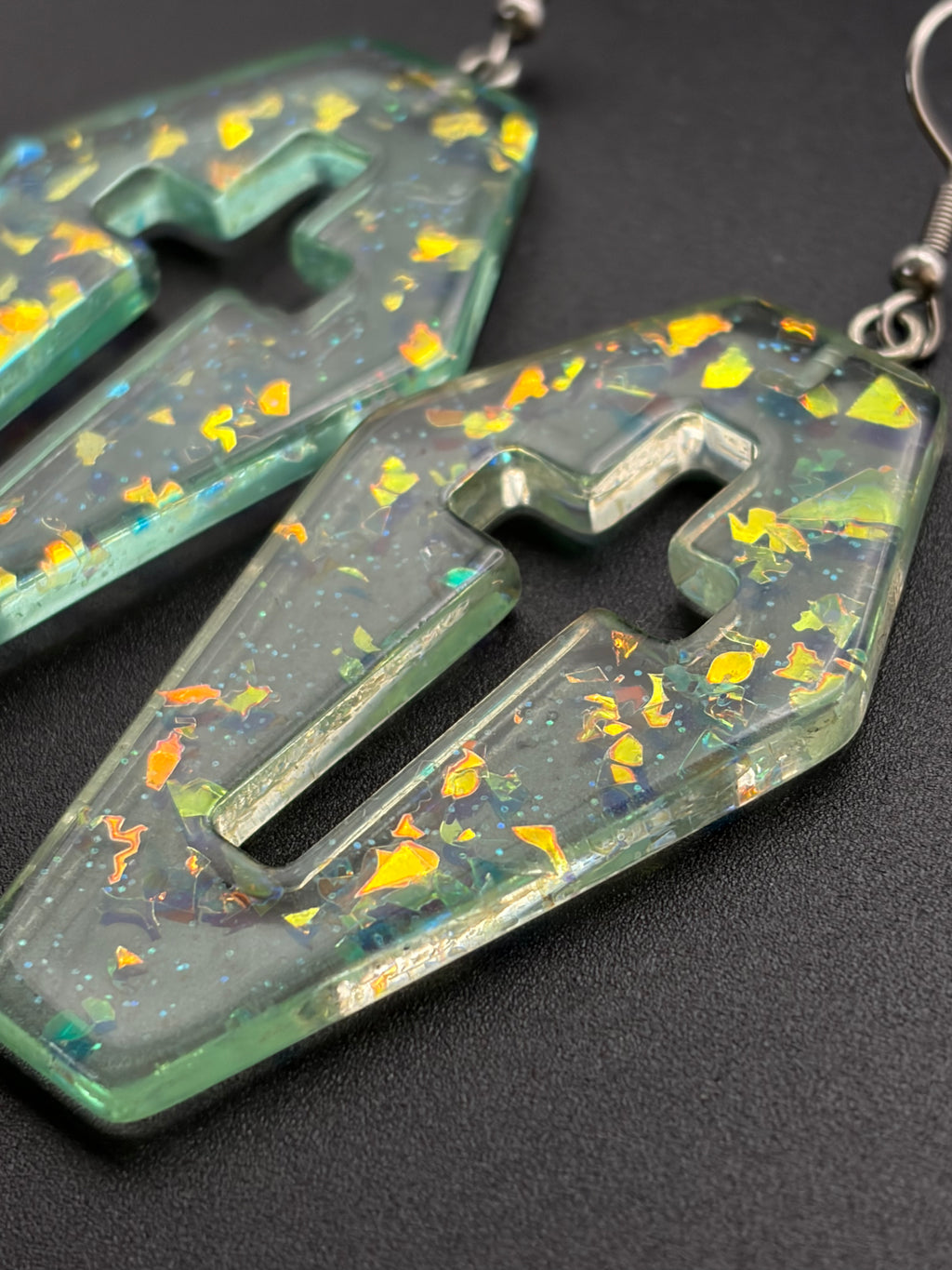Teal Fire Glitter Coffin Earrings