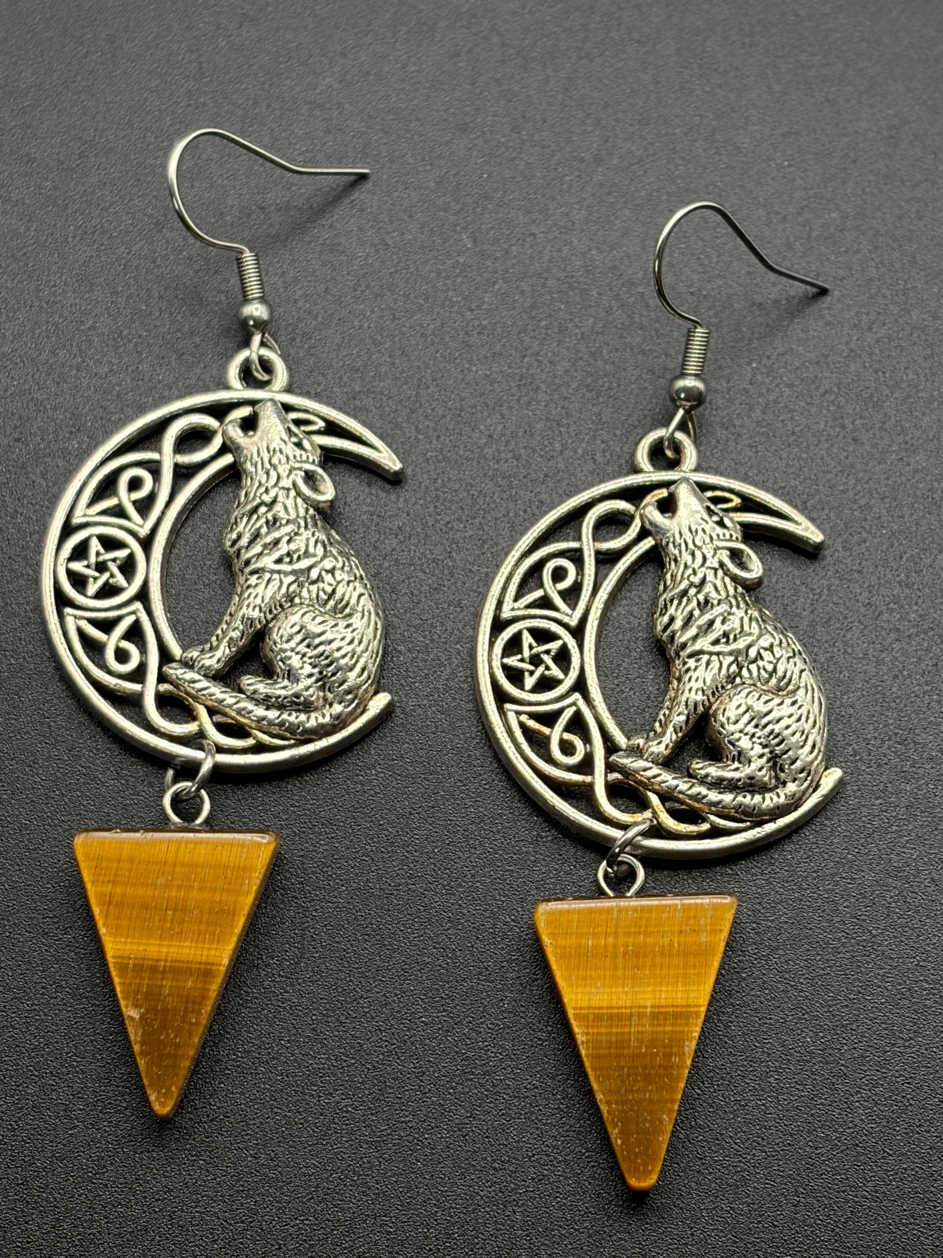Wolf Moon With Tiger Eye Triangles Earrings